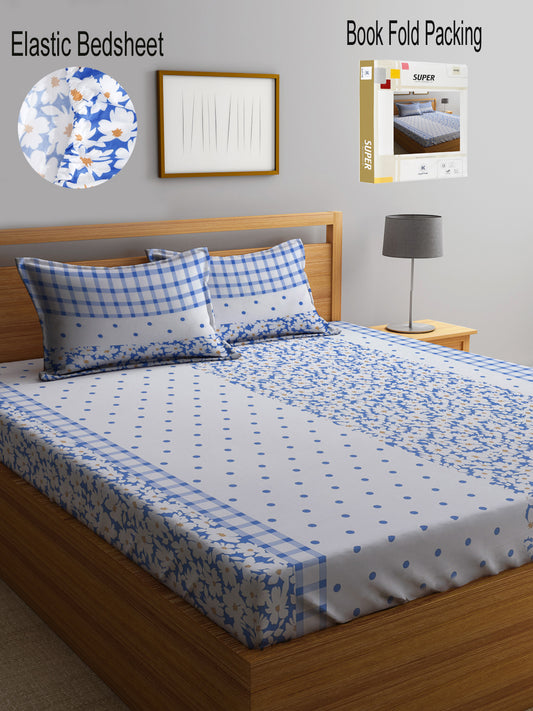Klotthe Multi Floral 300 TC Cotton Blend Fitted Double Bedsheet with 2 Pillow Covers in Book Fold Packing