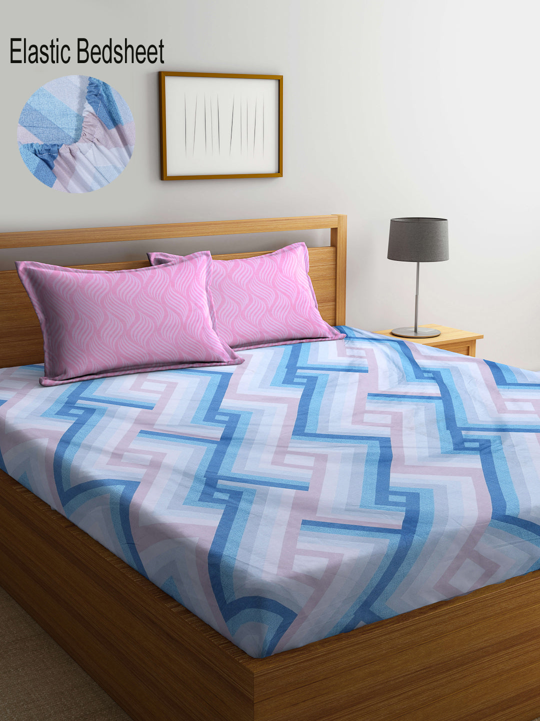 Klotthe Multicolor Geometric 300 TC Cotton Blend Fitted Double Bedsheet with 2 Pillow Covers
