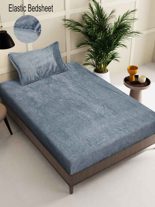 Klotthe Grey Solid Woolen Fitted Single Bed Sheet with Pillow Cover
