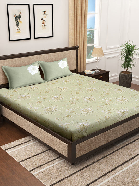 Klotthe Green Floral 400 TC Pure Cotton Super King Double Bedsheet with 2 Pillow Covers (270X270 cm)