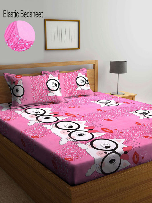 Klotthe Cartoon Characters Pink 300 TC Cotton Blend Elasticated Double Bedsheet with 2 Pillow covers