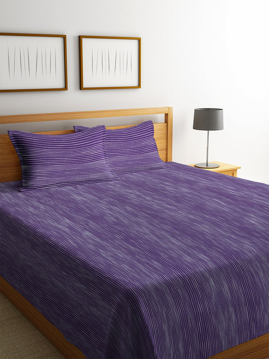 100% Cotton King Size Handwoven Bed Cover with Two Pillow Covers by KLOTTHE® (Violet Striped