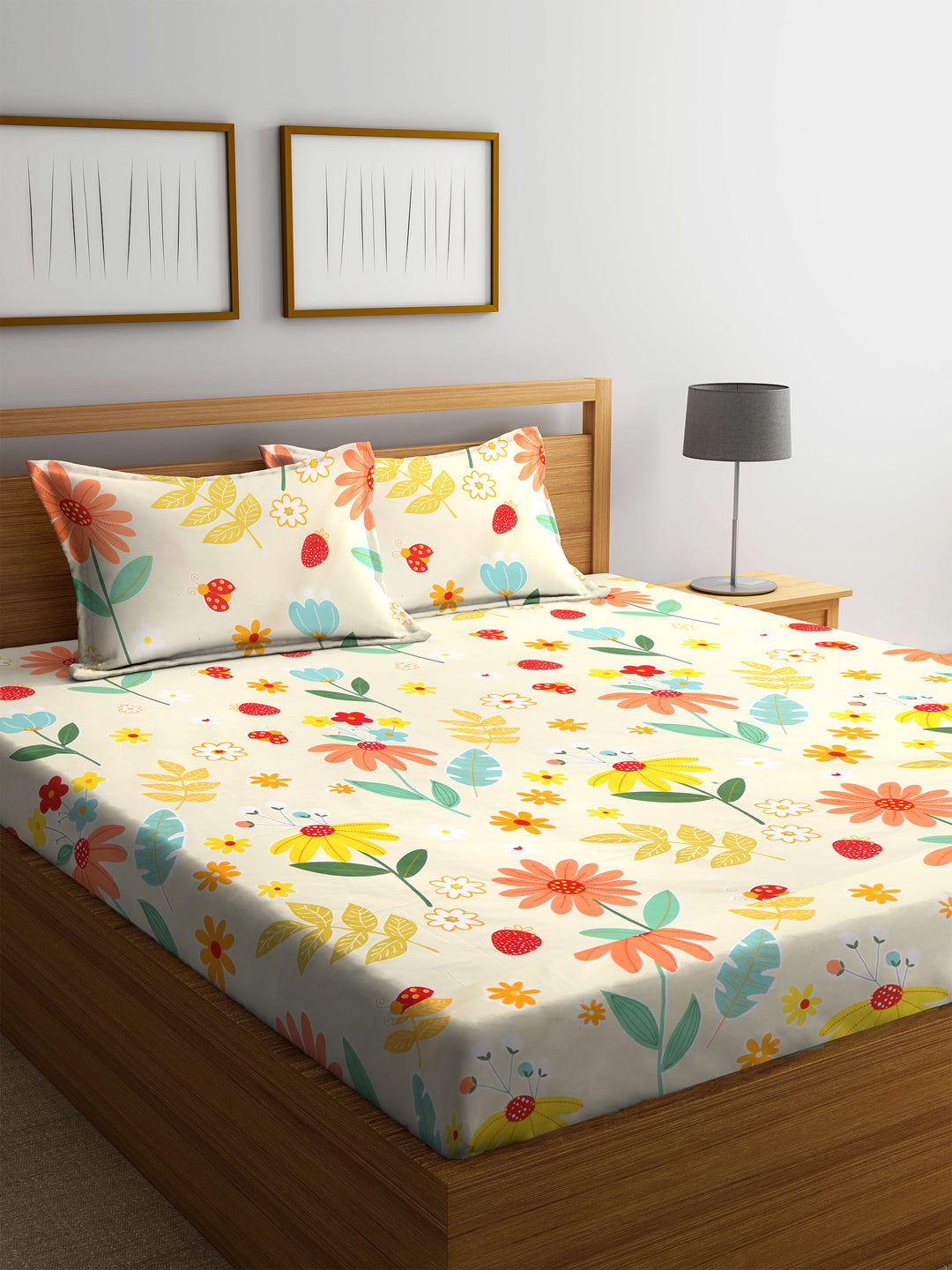 Klotthe Multi Floral 210 TC Polycotton Elasticated Double Bedsheet with 2 Pillow Covers