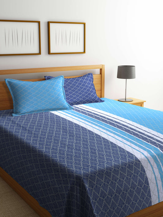 Klotthe Blue Woven Design Pure Cotton Double Bed Cover with 2 Pillow Covers