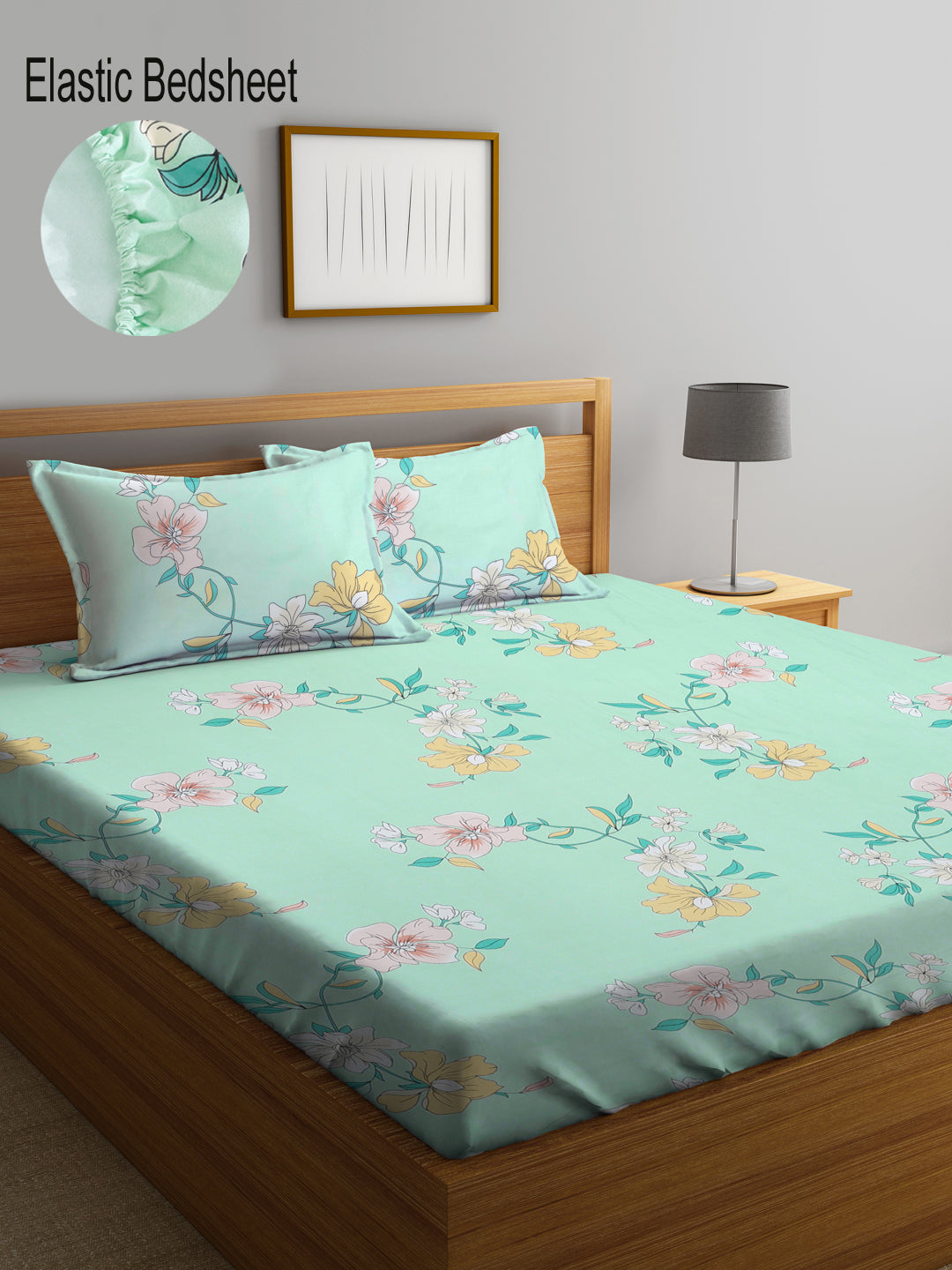 Klotthe Multi Floral 300 TC Cotton Blend Elasticated Double Bedsheet with 2 Pillow Covers
