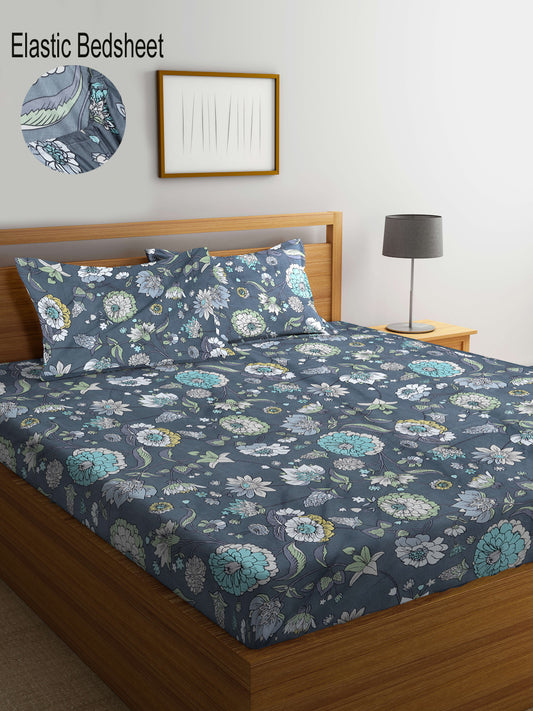 Klotthe Multi Floral 300 TC Cotton Blend Elasticated Super King Double Bedsheet with 2 Pillow Covers (270X270 cm)