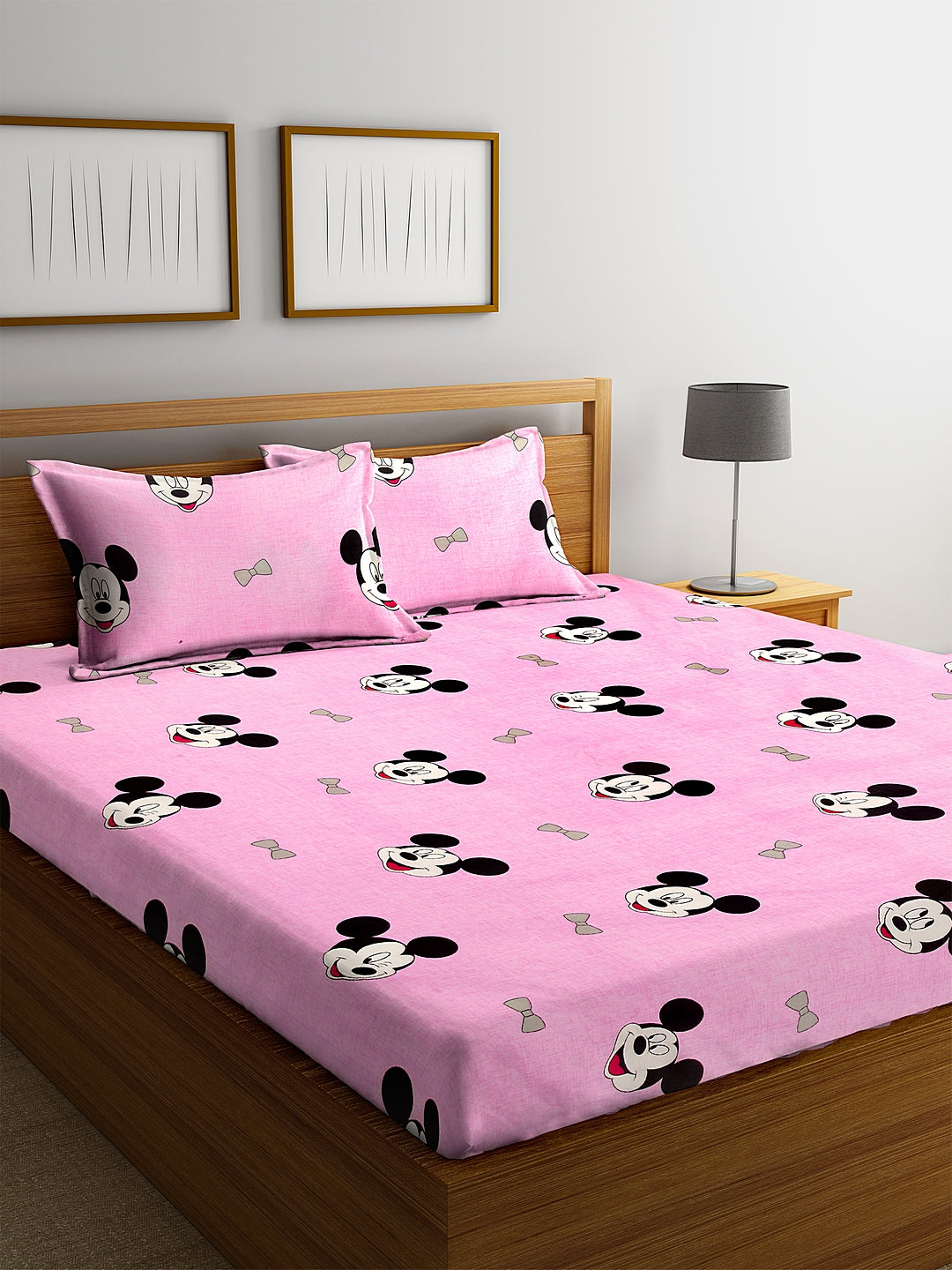 Klotthe Pink Cartoon Print 300 TC Cotton Blend Double Bed Sheet with 2 Pillow Covers in Book Fold Packing