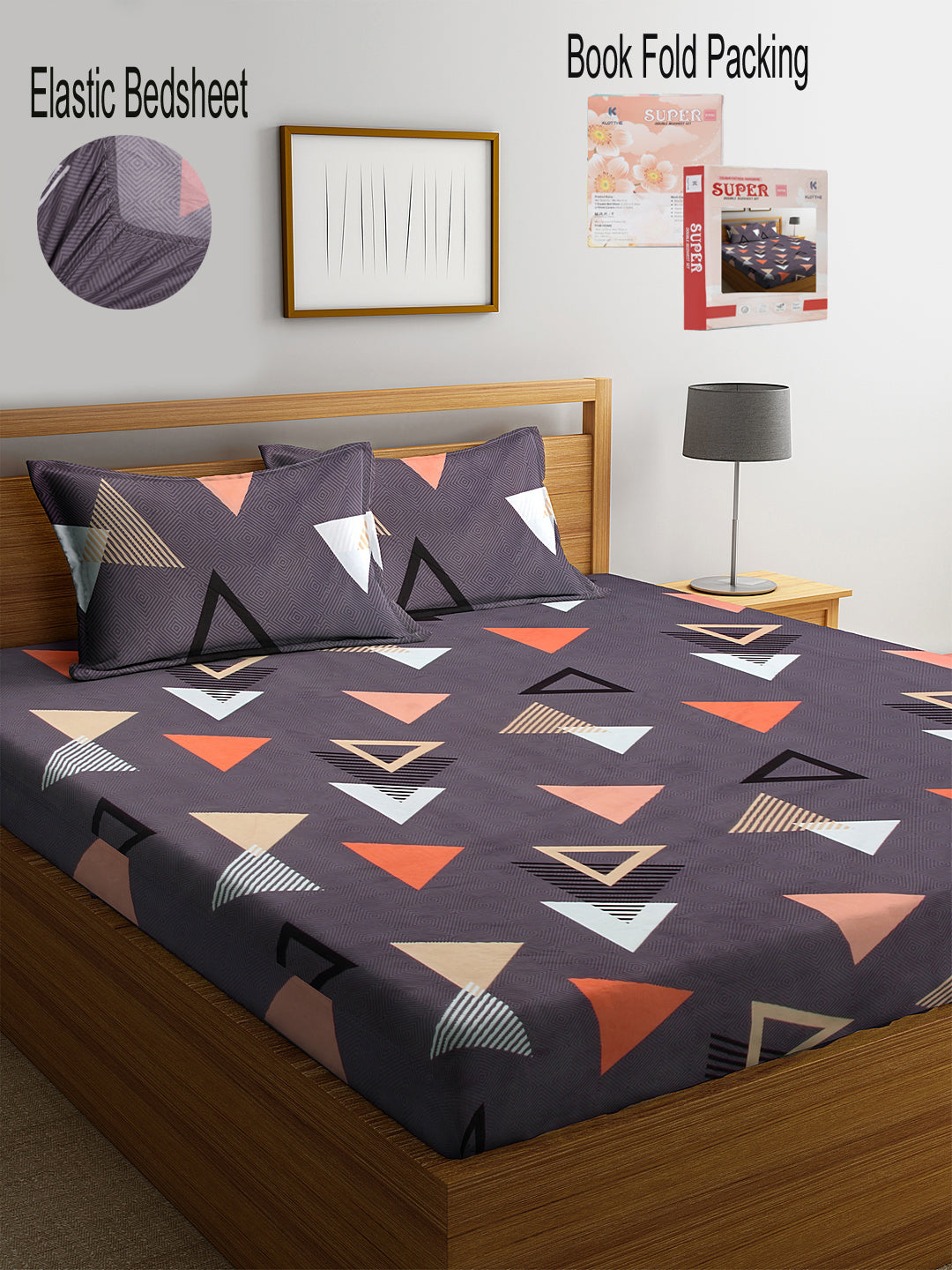 Klotthe Purple Geometric 300 TC Cotton Blend Elasticated Double Bedsheet with 2 Pillow Cover in Book Fold Pack