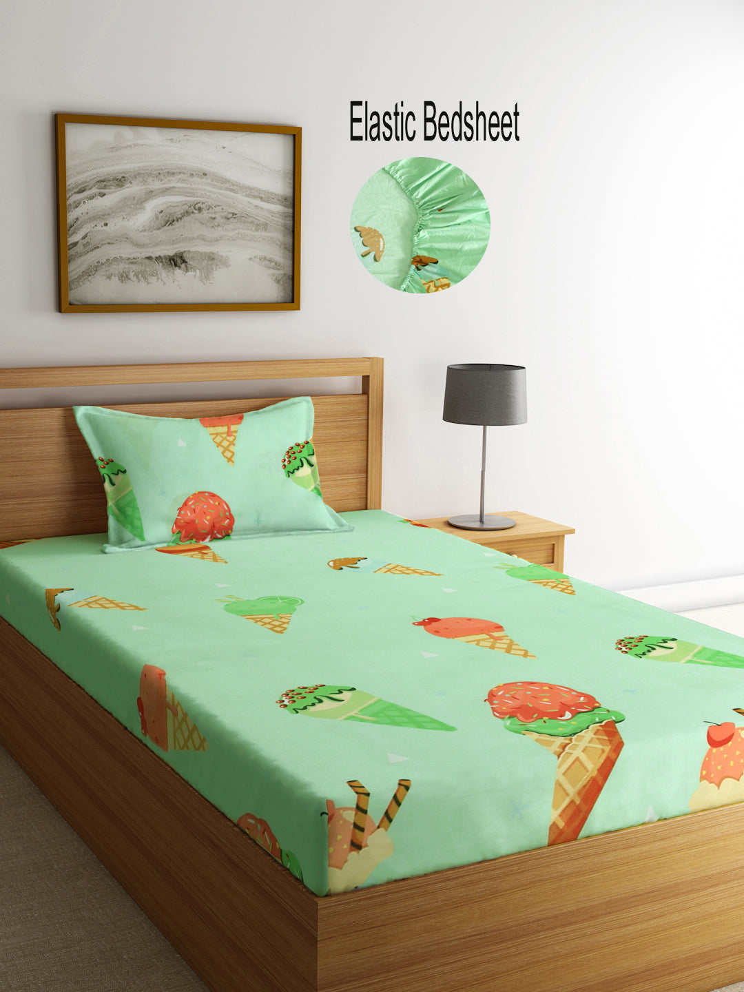Klotthe Multicolor Cartoon Characters Cotton Blend 300 TC Fitted Single Bedsheet with Pillow Cover