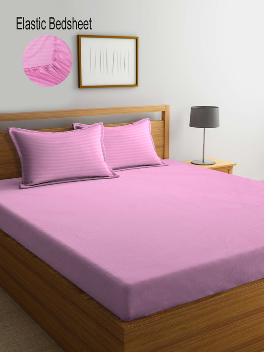 Klotthe Light Pink Striped 300 TC Cotton Blend Elasticated Super King Double Bedsheet with 2 Pillow Covers (270X270 cm)