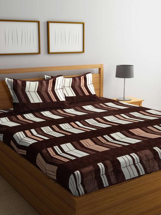 Klotthe Brown Printed Woolen Double Bed Sheet with 2 Pillow Covers