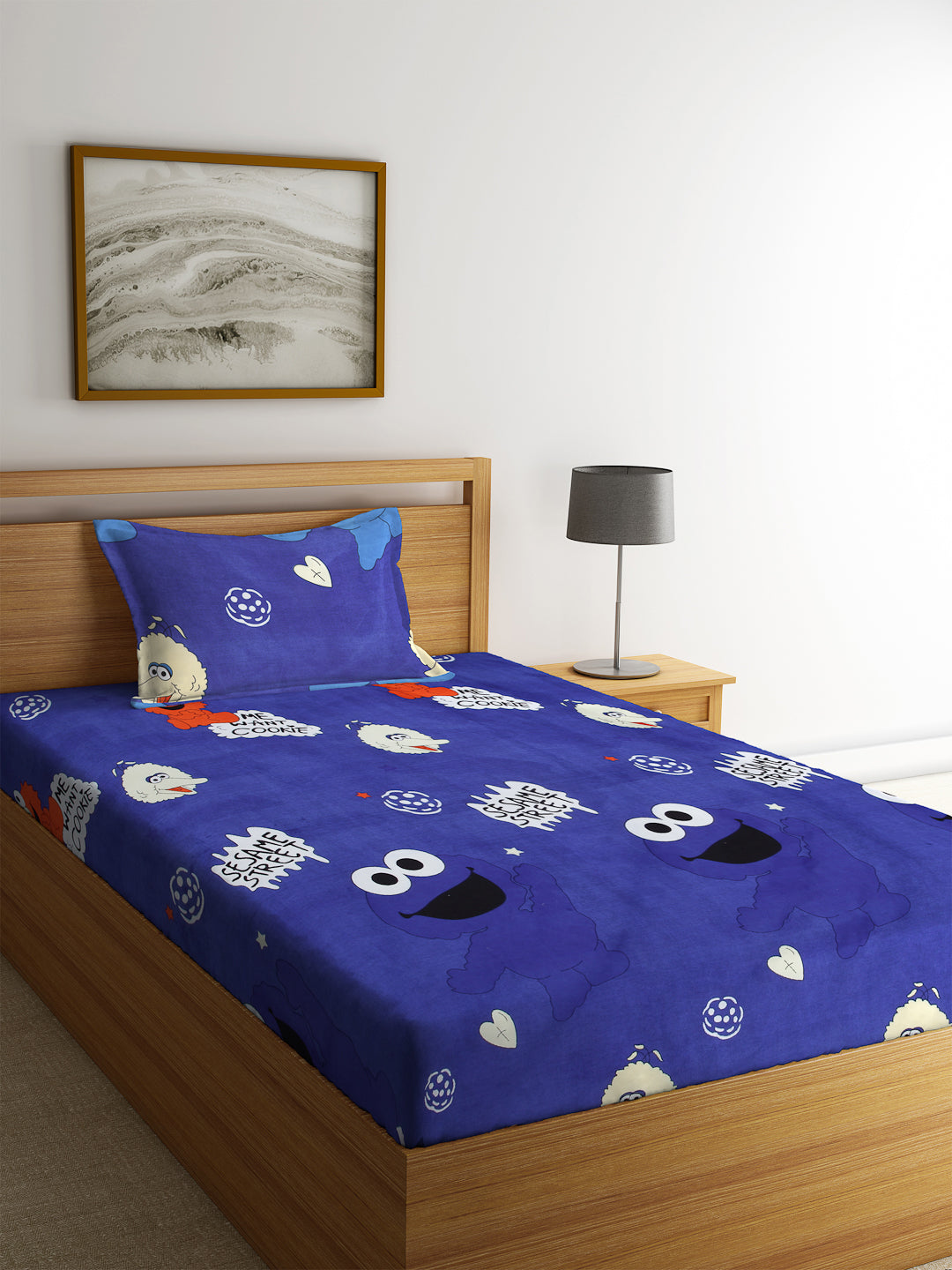 KLOTTHE Blue Polycotton Cartoon Characters BedSheet With 1 Pillow Cover (225X150 cm)