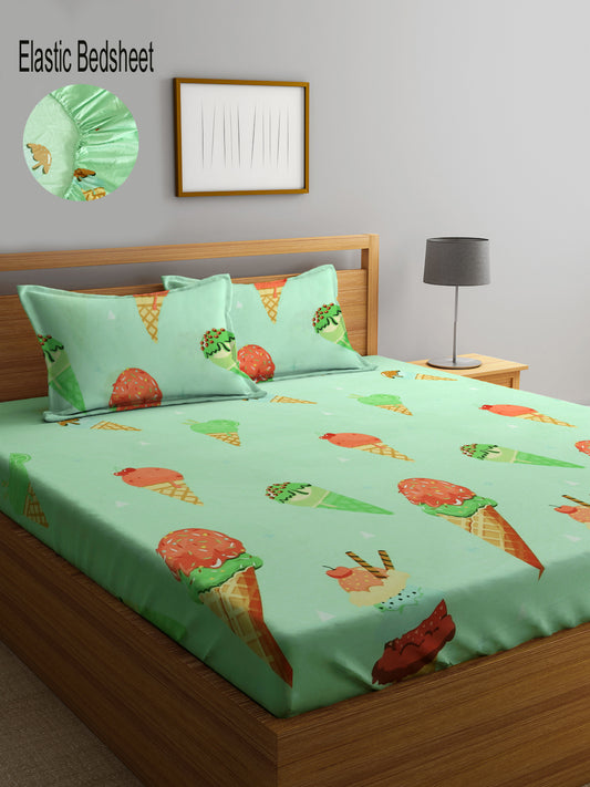 Klotthe Kids MultiColor 300 TC Cotton Blend Elasticated Double Bedsheet with 2 Pillow covers