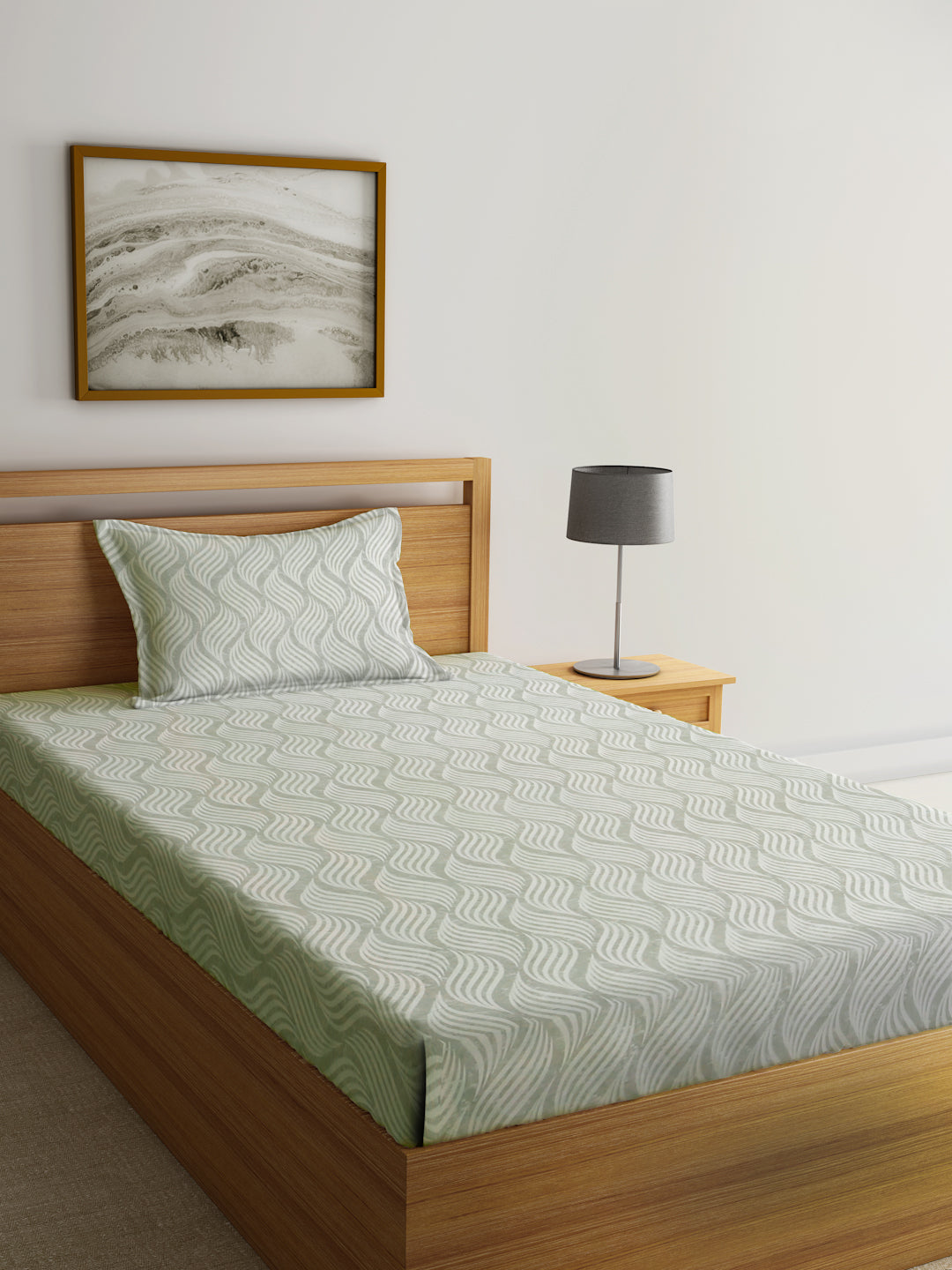 Klotthe Grey Abstract 300 TC Cotton Blend Single Bedsheet with Pillow Cover