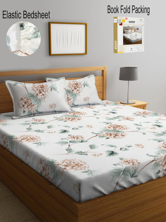 Klotthe Multi Floral 300 TC Cotton Blend Fitted Double Bedsheet with 2 Pillow Covers in Book Fold Packing