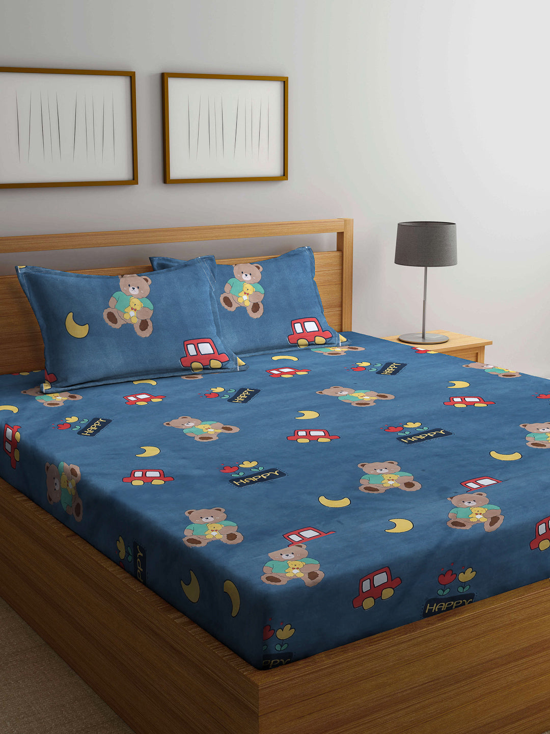 Klotthe Kids Blue Cartoon Characters Cotton Blend Queen Double Bed Sheet with 2 Pillow Covers