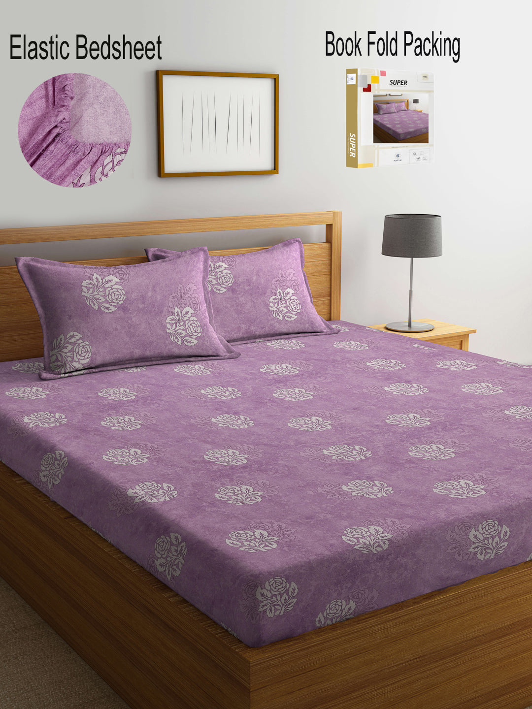 Klotthe Purple Floral 400 TC Pure Cotton Fitted Double Bedsheet Set in Book Fold Packing