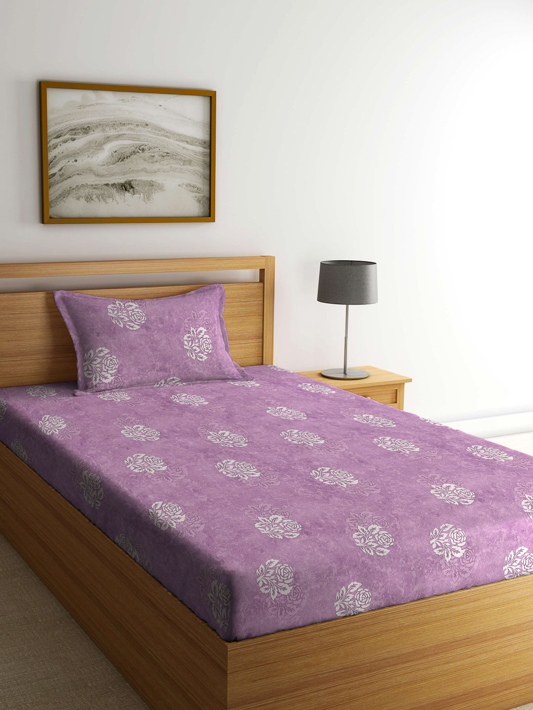 Klotthe Purple Floral 400 TC Pure Cotton Fitted Single Bedsheet with Pillow Cover