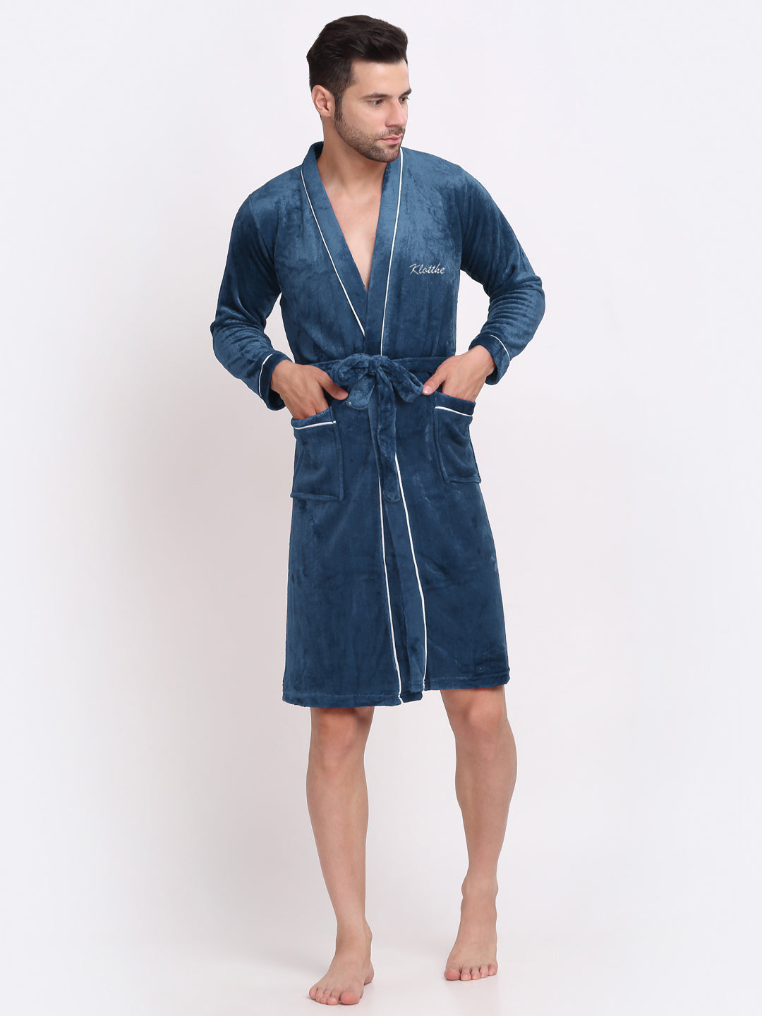 Klotthe Men Turquoise Solid Wool Bath Robe With Belt