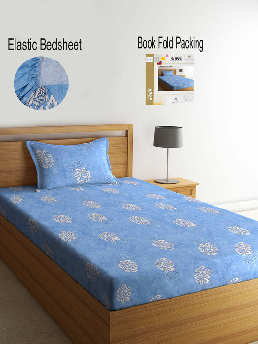 Klotthe Blue Floral 400 TC Pure Cotton Fitted Single Bedsheet Set in Book Fold Packing