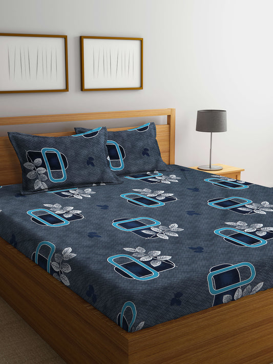 Klotthe Blue Floral 300 TC Cotton Blend Super King Double Bedsheet with 2 Pillow covers (270X270 cm)