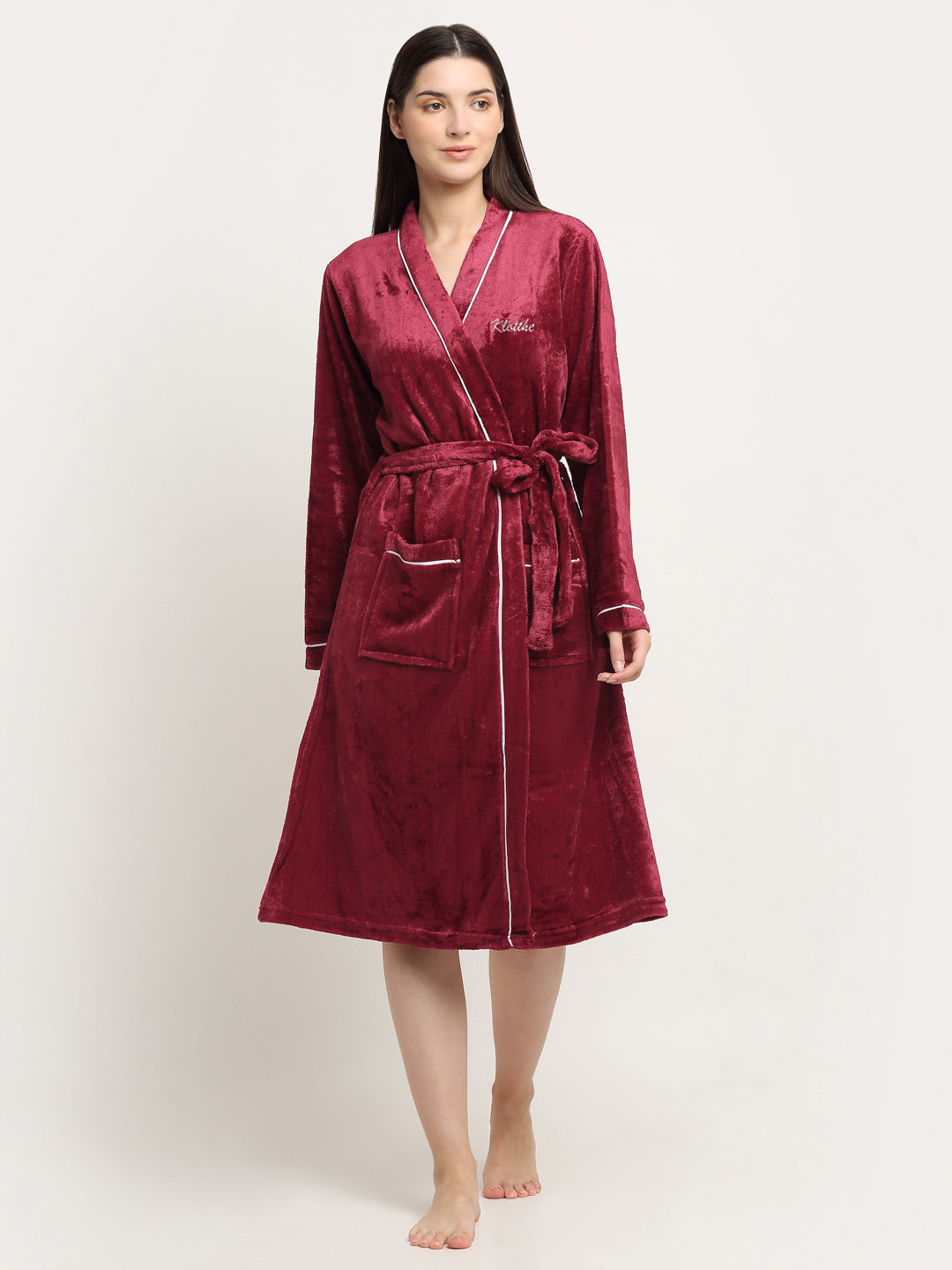 Bath Robe Red Klotthe Women Red Solid Wool Bath Robe With Belt – KLOTTHE®