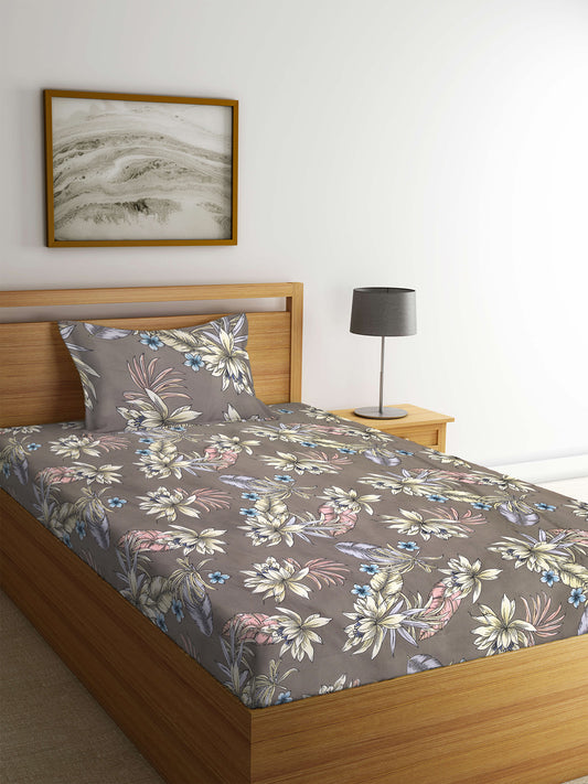 KLOTTHE Brown Polycotton Floral Single Bedsheet with 1 Pillow Cover (215X150 cm)