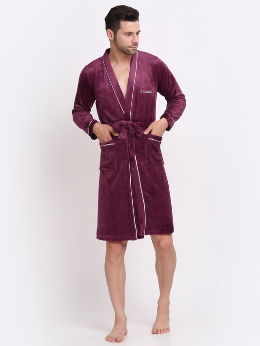 Klotthe Men Maroon Solid Wool Bath Robe With Belt