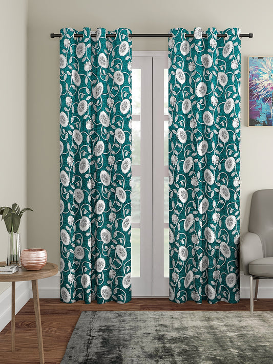 KLOTTHE Turquise Polycotton Floral Curtain (Size-7ft)