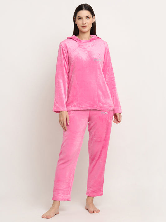 Klotthe Women Light Pink Solid Wool Blend Hooded Night Suit