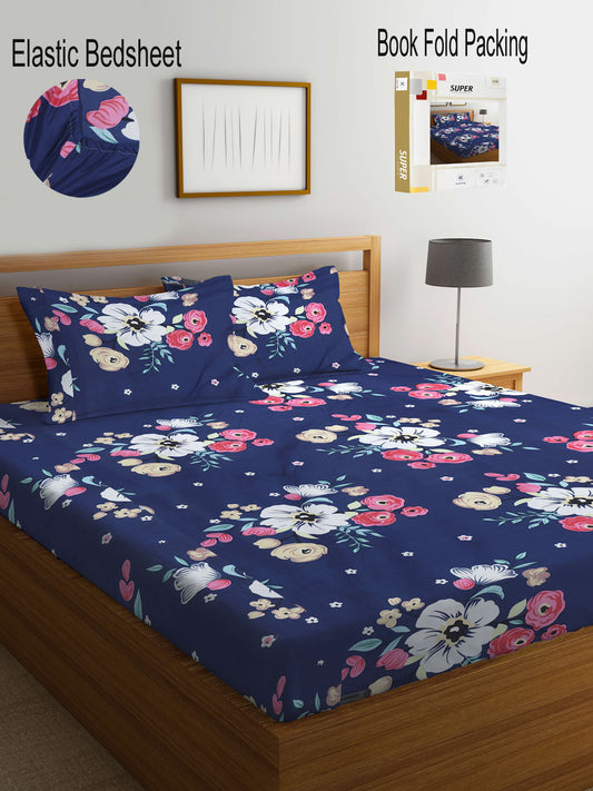 Klotthe Multi Floral 300 TC Cotton Blend Fitted Double Bedsheet with 2 Pillow Covers in Book Fold Packing