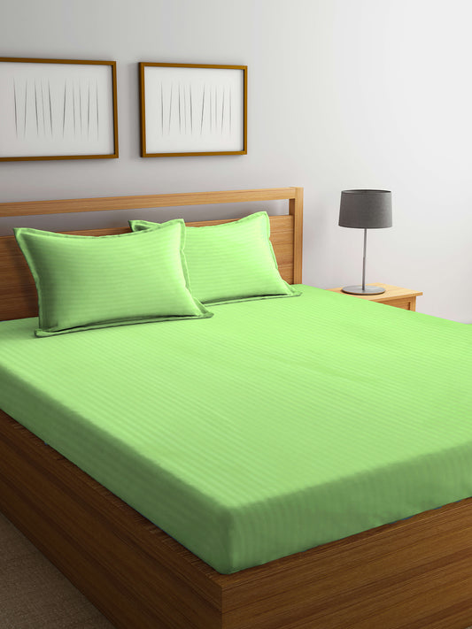 Klotthe Light Green Striped 300 TC Cotton Blend Double Bedsheet with 2 Pillow Covers