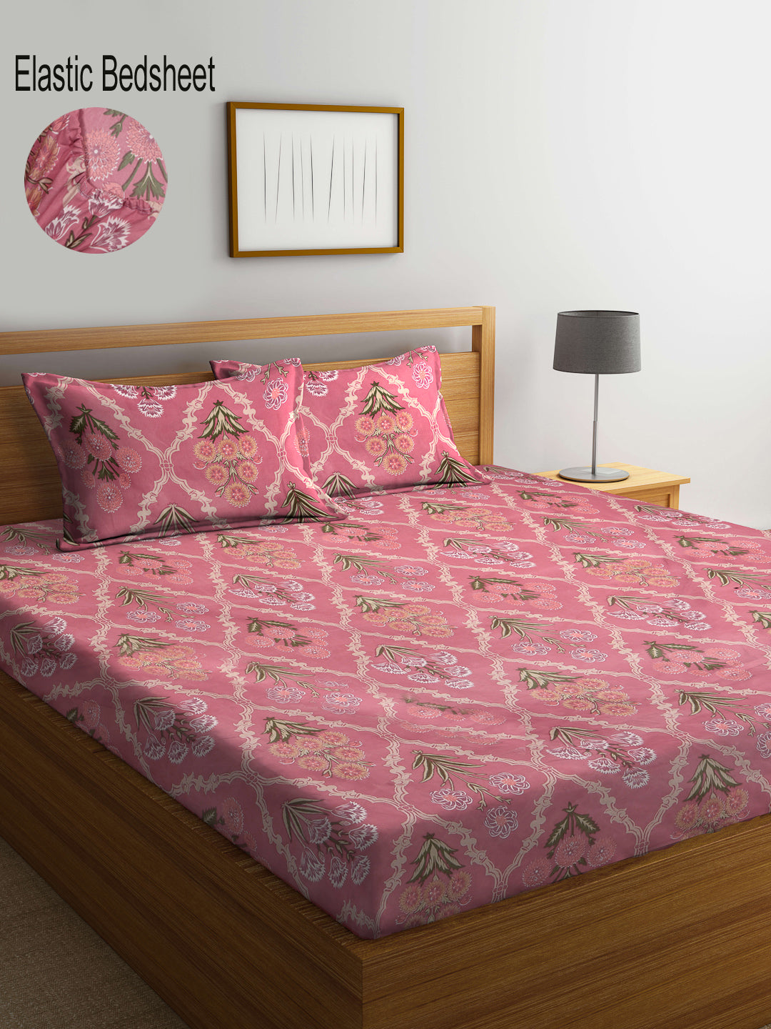 Klotthe Floral Peach 300 TC Cotton Blend Elasticated Double Bedsheet with 2 Pillow covers (270X270 cm)