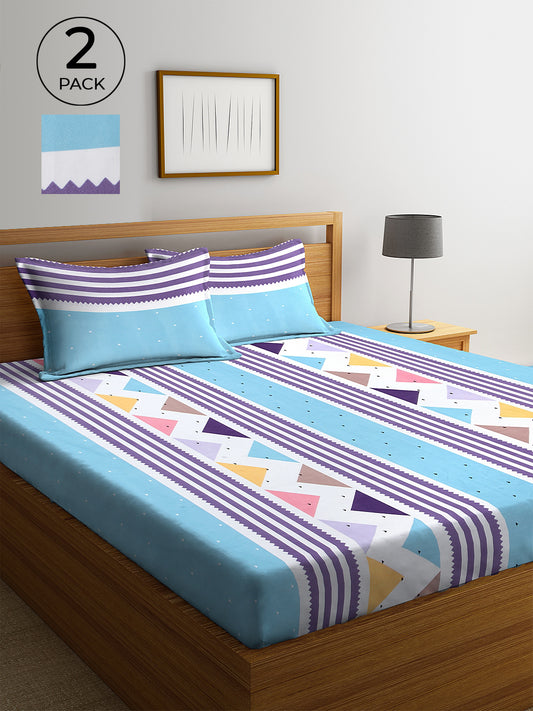 KLOTTHE Set of Two Blue Cotton Striped Double King BedSheets With 4 Pillow Covers (250X215 cm)