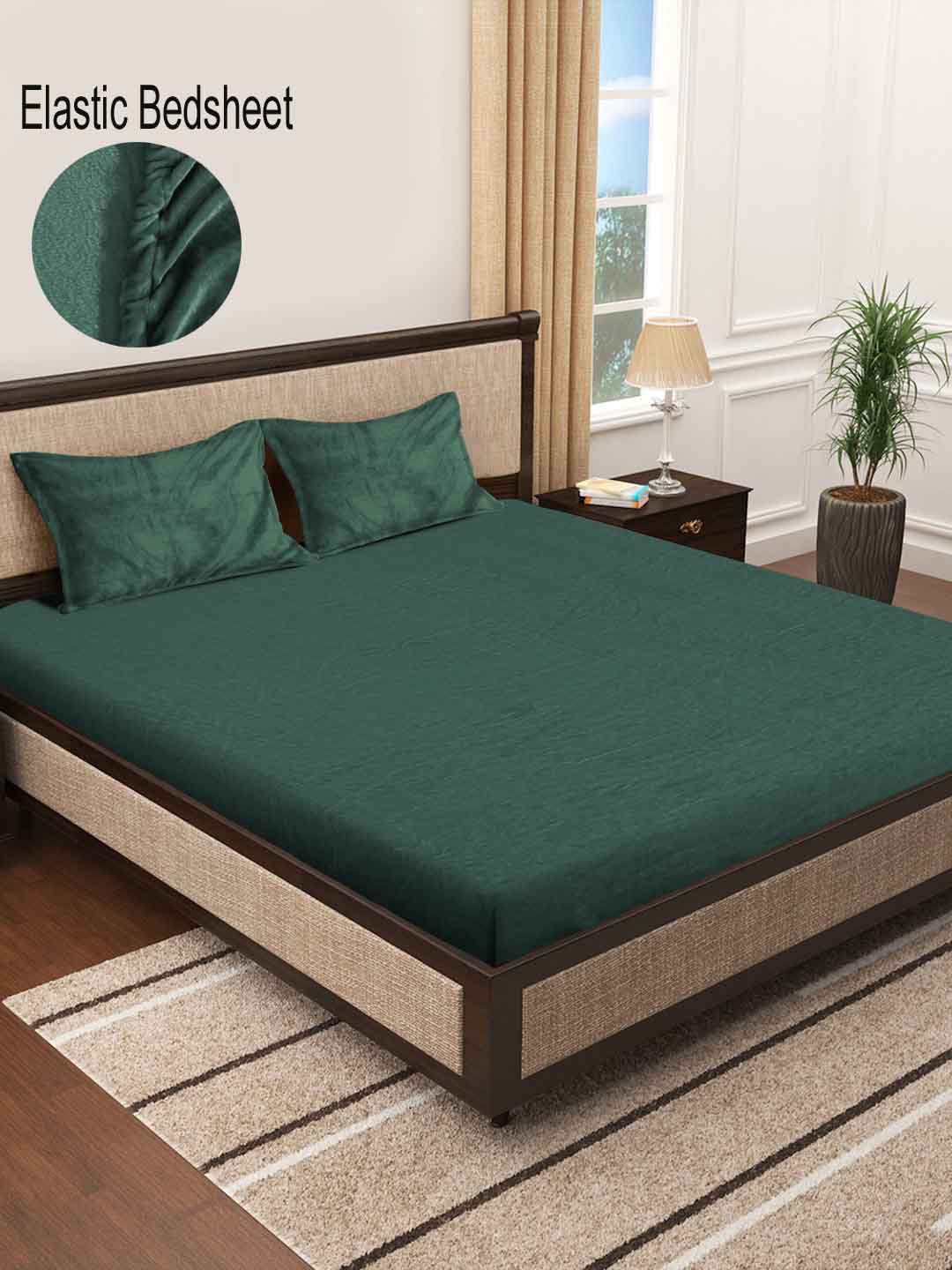 Klotthe Green Solid Woolen Fitted Double Bed Sheet with 2 Pillow Covers