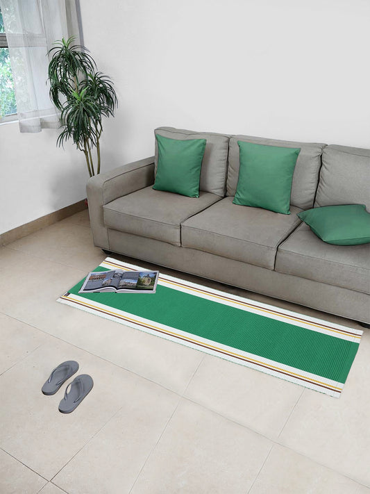 KLOTTHE Set of Two Green Cotton Striped Floor Mats & Dhurries 50X120 cm