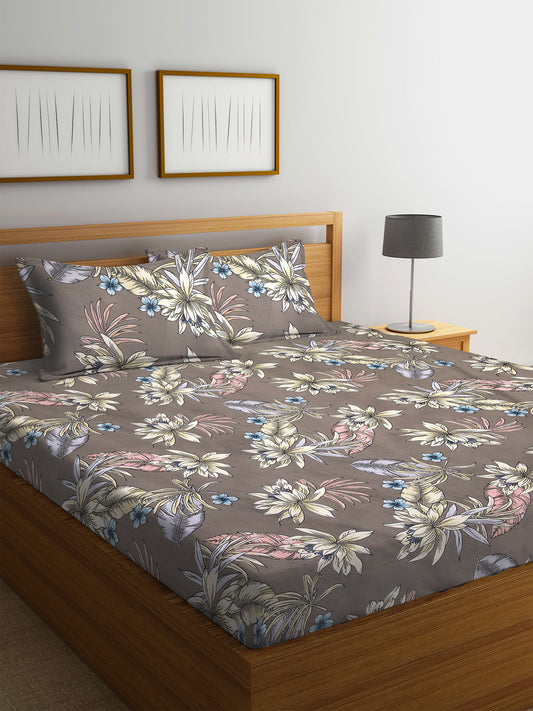 KLOTTHE Brown PolyCotton Floral 210 Thread Count Double King Bedsheet With 2 Pillow Covers (250X215 cm)