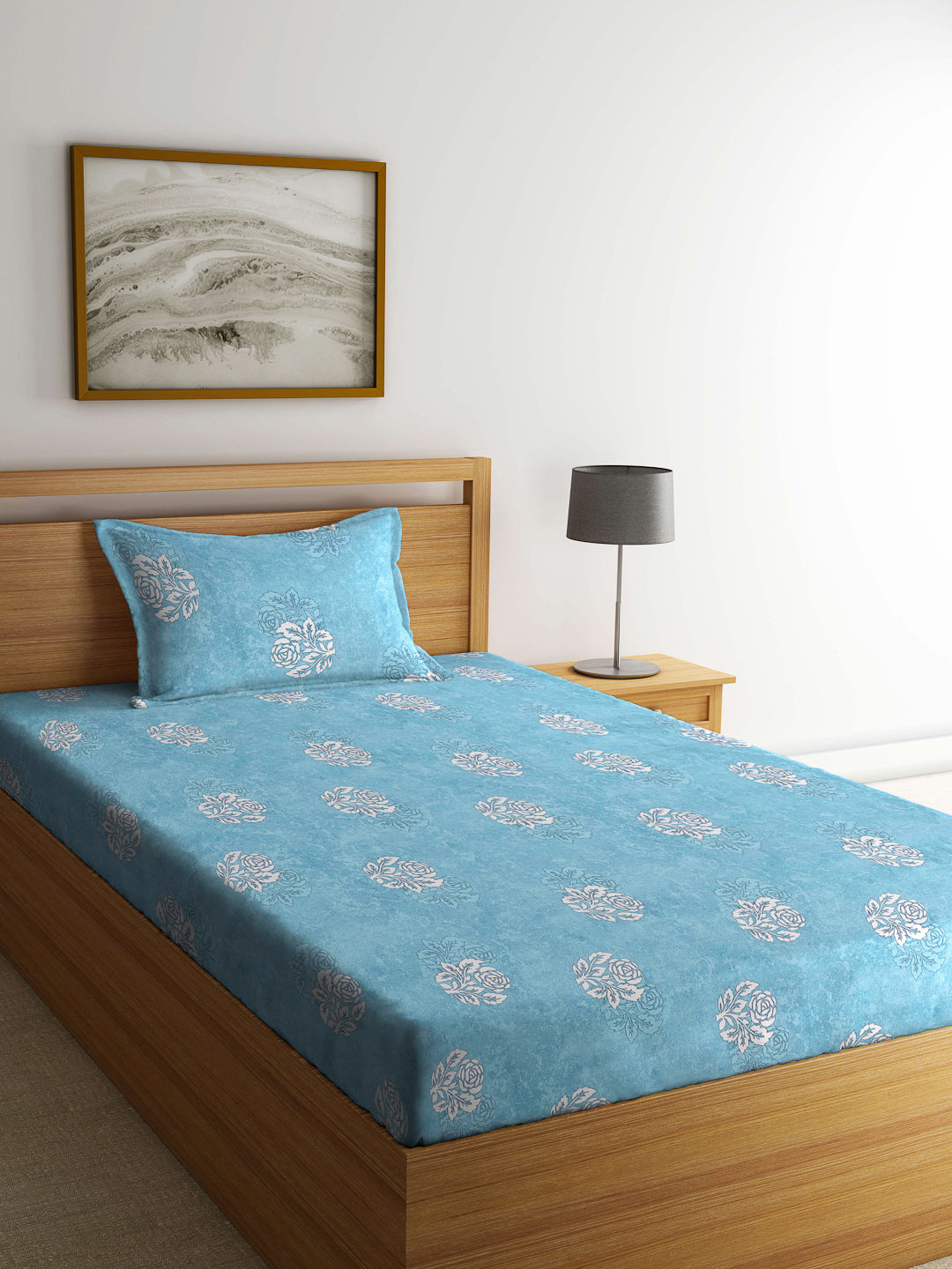 Klotthe Turquoise Floral 400 TC Pure Cotton Single Bedsheet with Pillow Cover