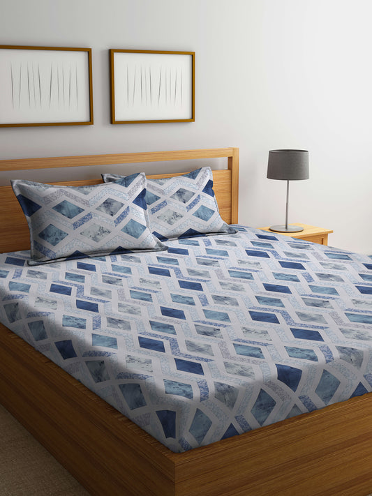 Klotthe Multicolor Geometric 400 TC Pure Cotton Fitted Double Bedsheet with 2 Pillow Covers