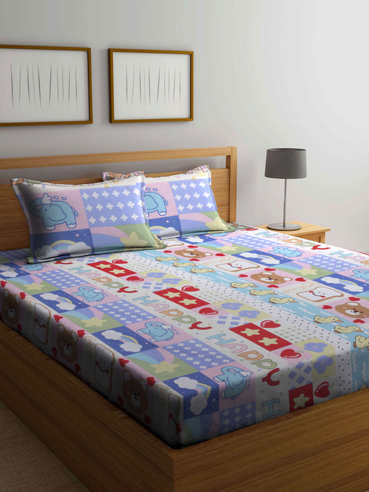 Klotthe Multicolor Cartoon Print Cotton Blend Elasticated Double BedSheet With 2 Pillow Covers