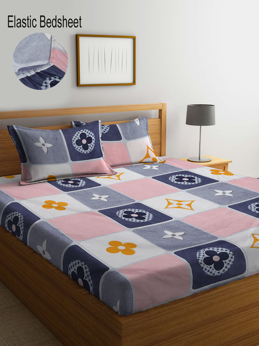Klotthe Multi Geometric 300 TC Cotton Blend Elasticated Double Bedsheet with 2 Pillow Covers