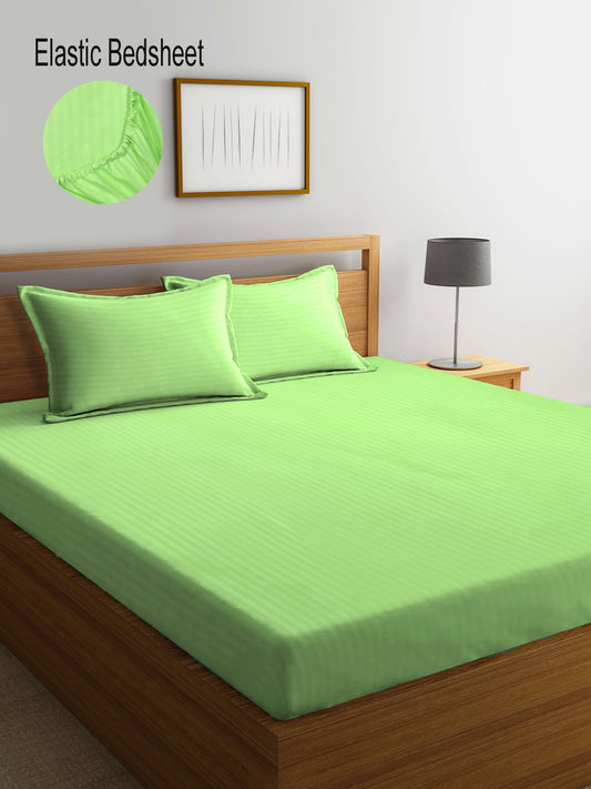 Klotthe Green Striped 300 TC Cotton Blend Elasticated Super King Double Bedsheet with 2 Pillow Covers (270X270 cm)