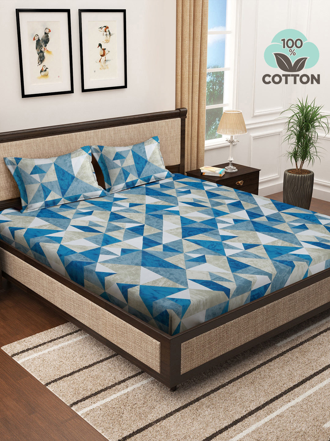 Klotthe Multicolor Geometric 400 TC Pure Cotton Super King Double Bedsheet with 2 Pillow covers