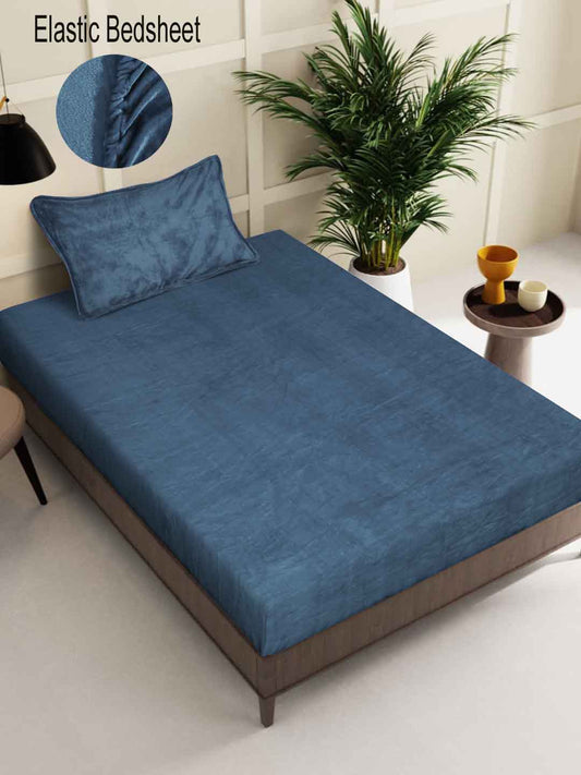 Klotthe Turquoise Solid Woolen Fitted Single Bed Sheet with Pillow Cover