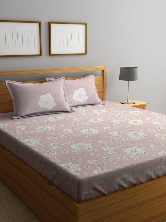 Klotthe Pink Floral 400 TC Pure Cotton Super King Double Bedsheet with 2 Pillow Covers (270X270 cm)