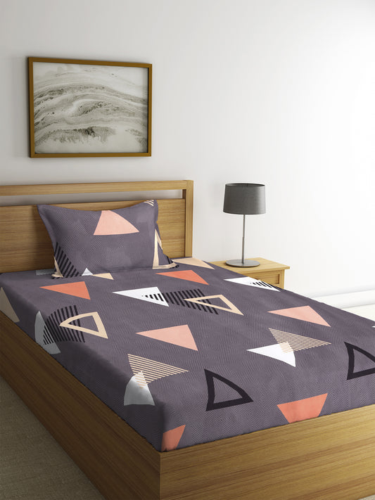 KLOTTHE Grey Cotton Geometric 210 Thread Count Single Bedsheet With 1 Pillow Cover (215X150 cm) 130 GSM
