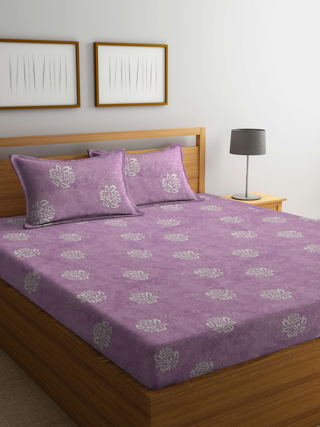 Klotthe Purple Floral 400 TC Pure Cotton Double Bedsheet with 2 Pillow Covers