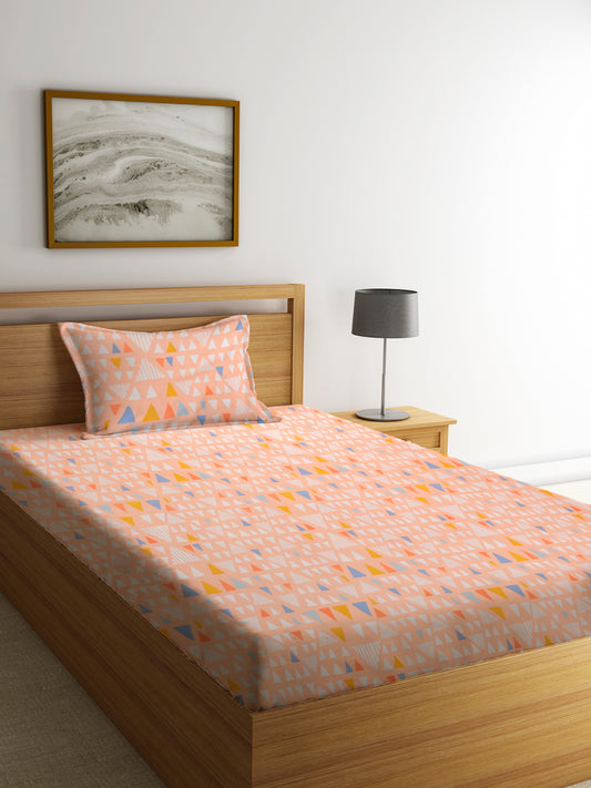 Klotthe Peach 210 TC Geometric Cotton Blend Single Bed Sheet with Pillow Cover