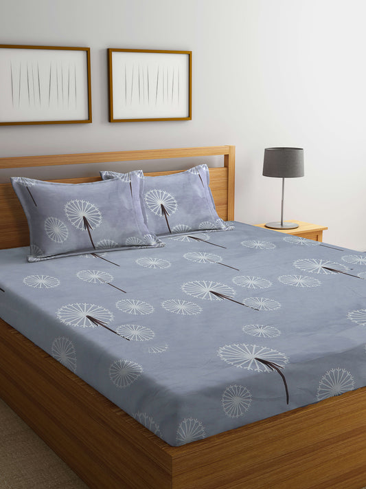 Klotthe Grey Floral 300 TC Cotton Blend Super King Double Bedsheet with 2 Pillow covers (270X270 cm)