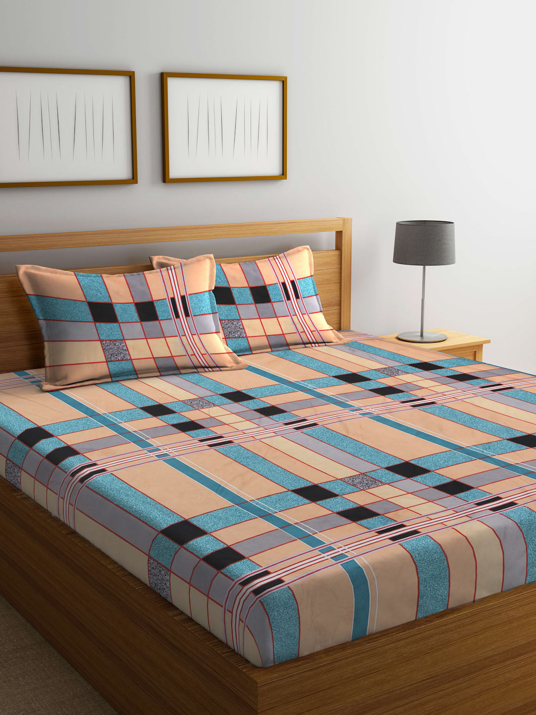 Klotthe Multi Striped 300 TC Cotton Blend Double Bedsheet with 2 Pillow Covers